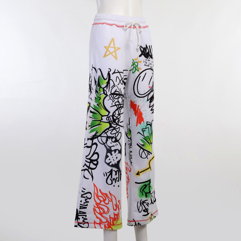 Casual Graffiti Print Wide Legs Pants for Women