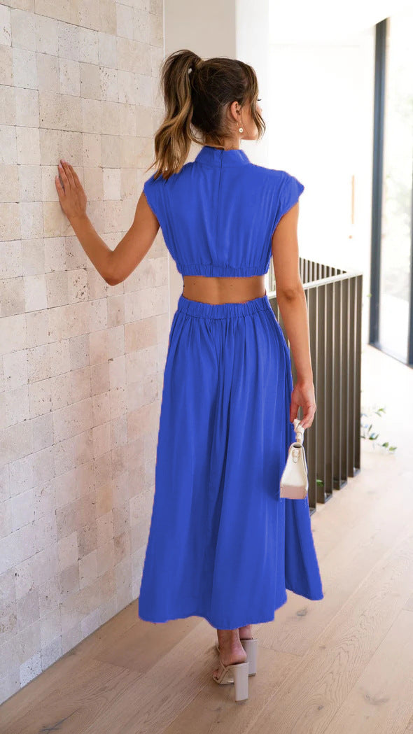 Fashion Stand Collar Waist Baring Summer Long Dresses