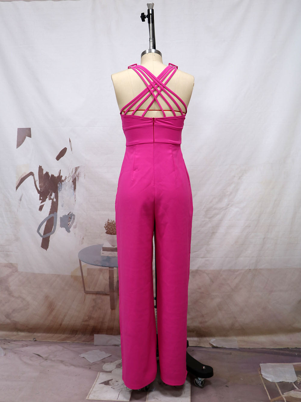 Sexy Shoulder Straps Rose Red Wide Legs Jumpsuits