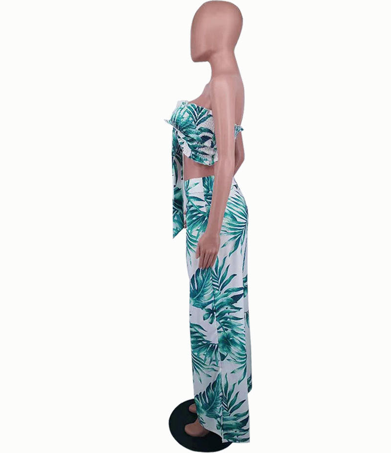 Summer Sexy Leaf Print Two Pieces Suits
