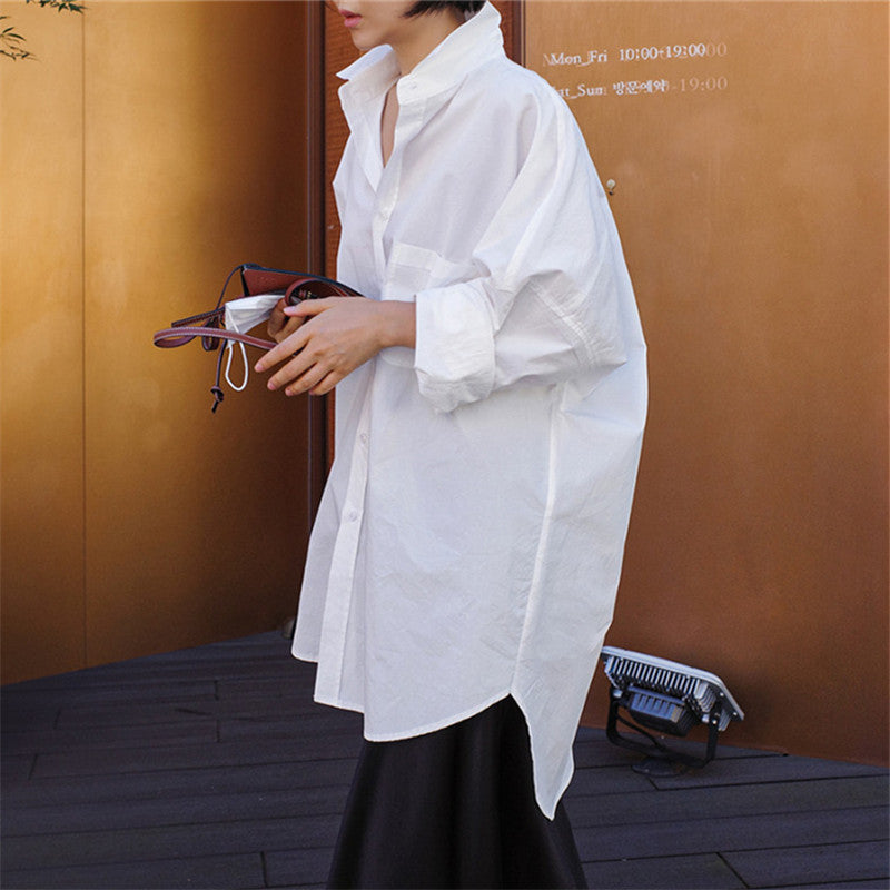 Casual Cotton White Midi Length Women Long Sleeves Shirts