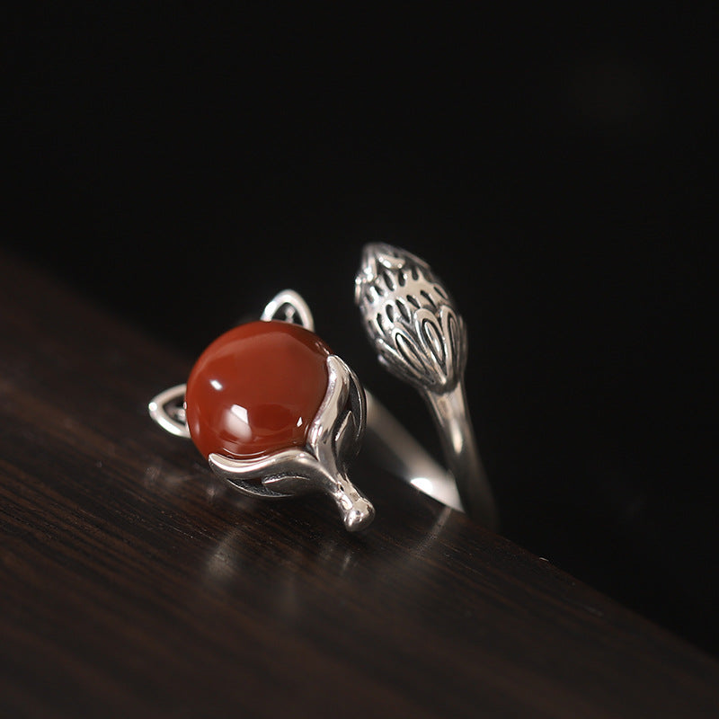 Antique Red Agate Fox Design Sliver Rings for Women