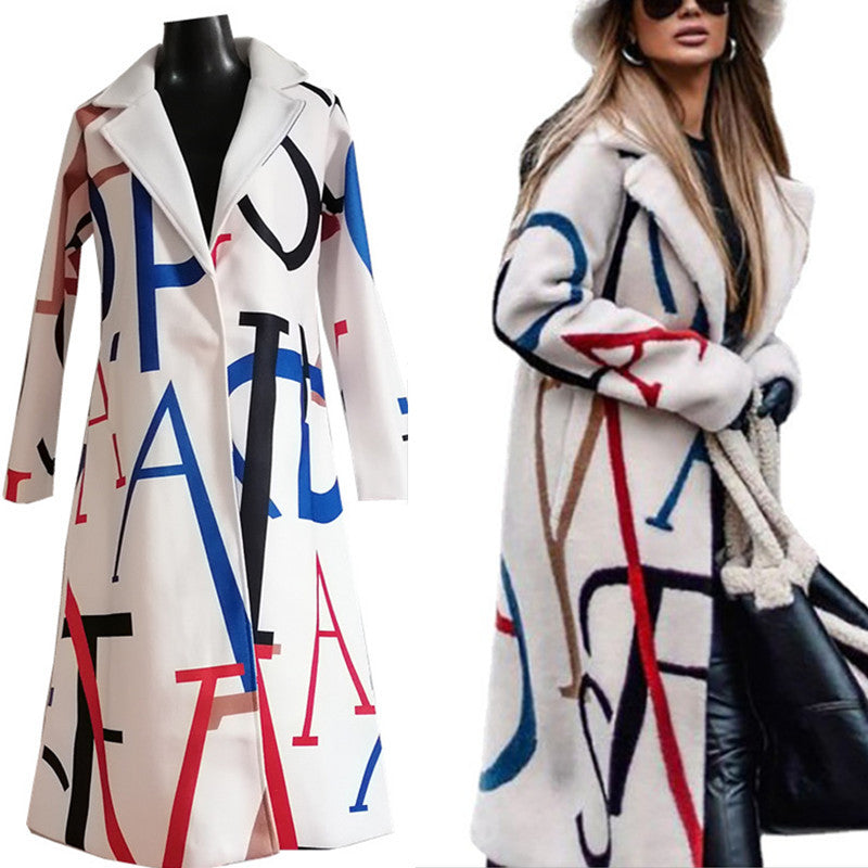 Casual Letter Print Long Coats for Women