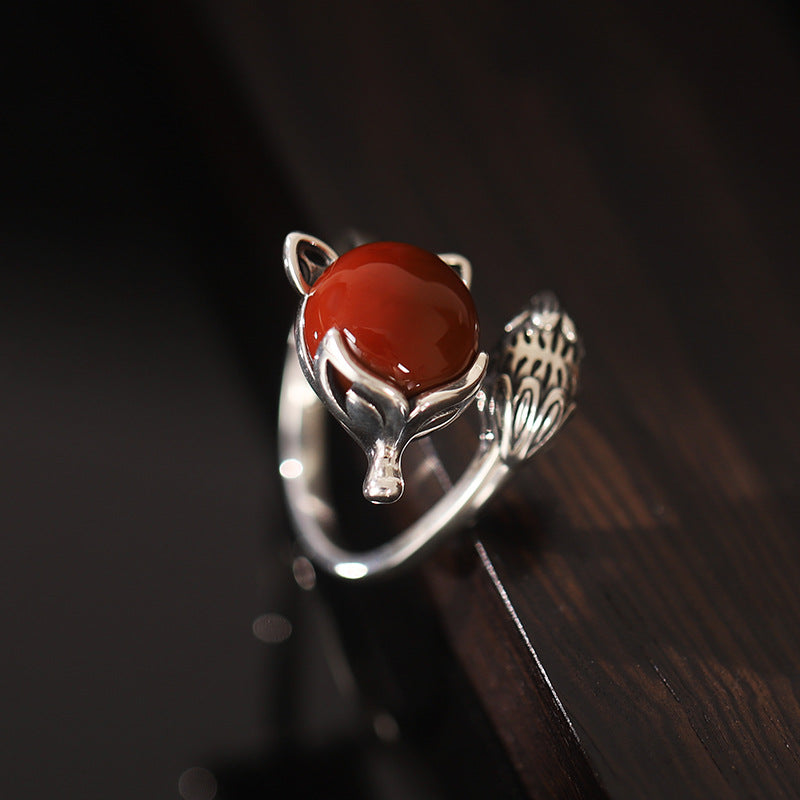 Antique Red Agate Fox Design Sliver Rings for Women