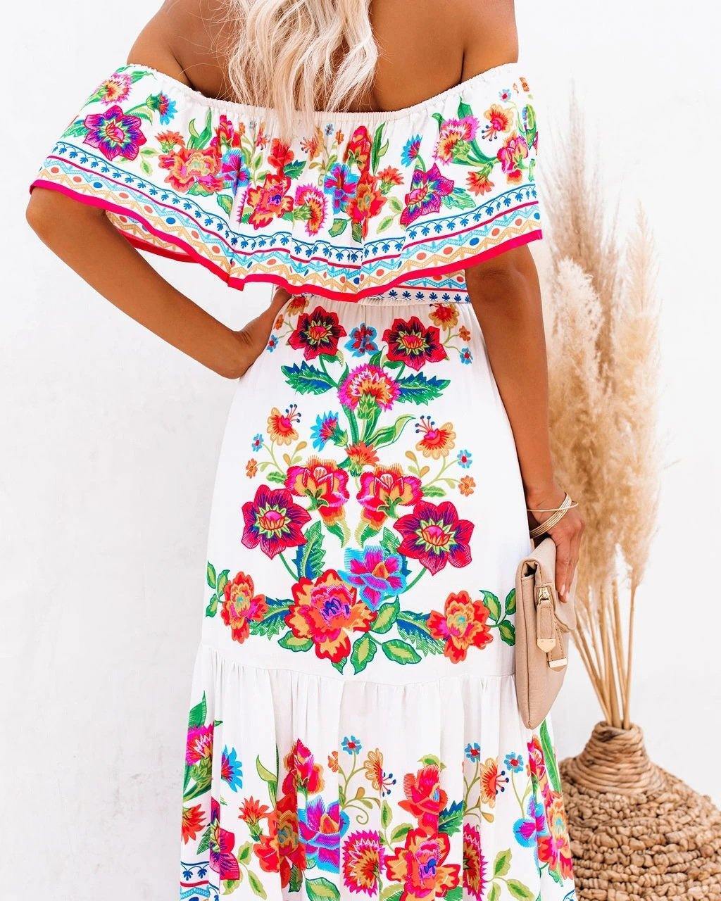 Summer Off The Shoudler Floral Print Long Dresses-STYLEGOING