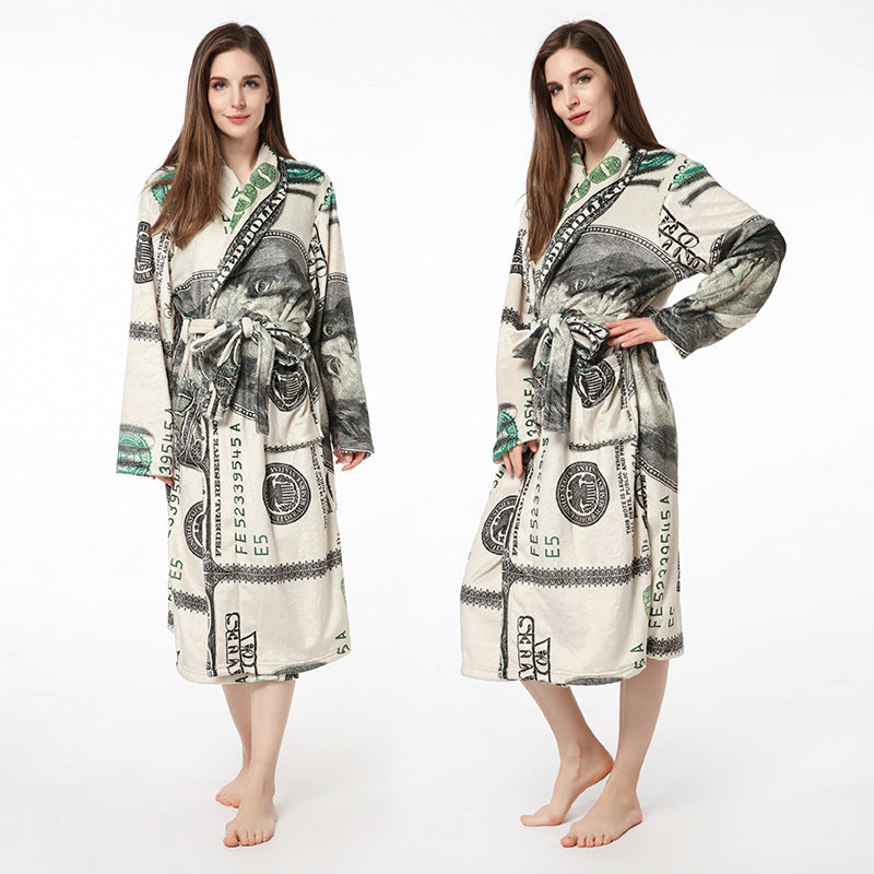 Casual Dollar Print Fleece Warm Sleepwear Night Gown