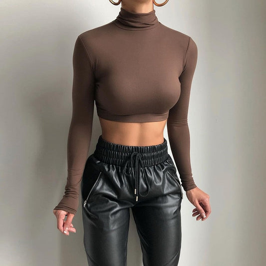 Sexy Long Sleeves High Neck Middriff Baring Women Tops