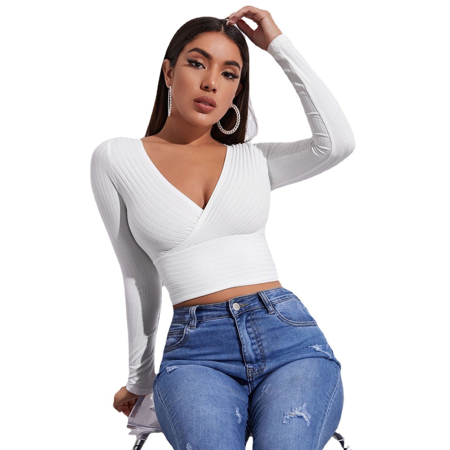 Sexy Deep V Neck Long Sleeves Women Short Tops--Free Shipping at meselling99