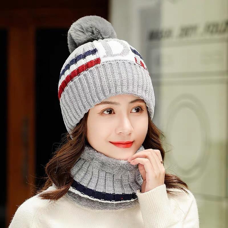 Women Fleeced Lined Knitting Warm Hats+Scarfs-Gray-56-60cm-Free Shipping at meselling99