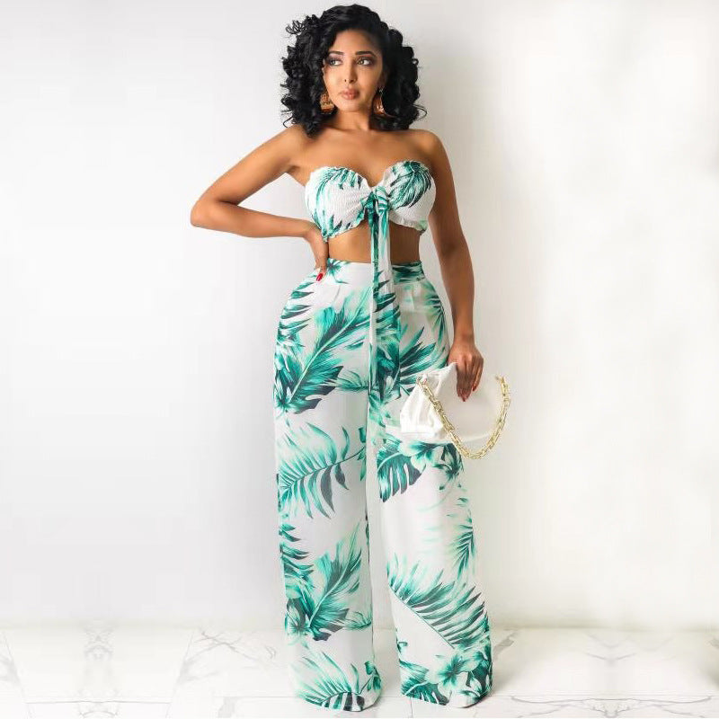 Summer Sexy Leaf Print Two Pieces Suits