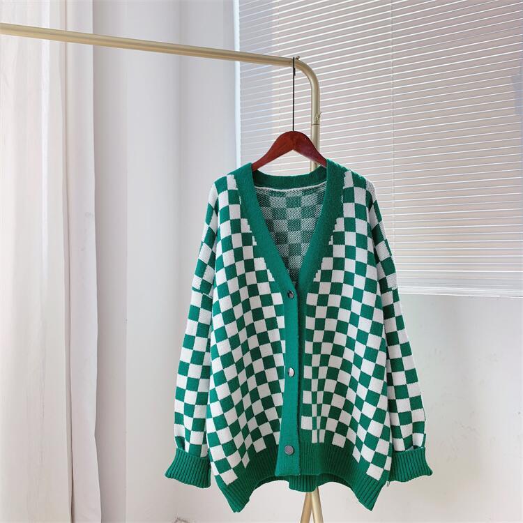 Women Chessboard Print Loose Knitting Cardigans