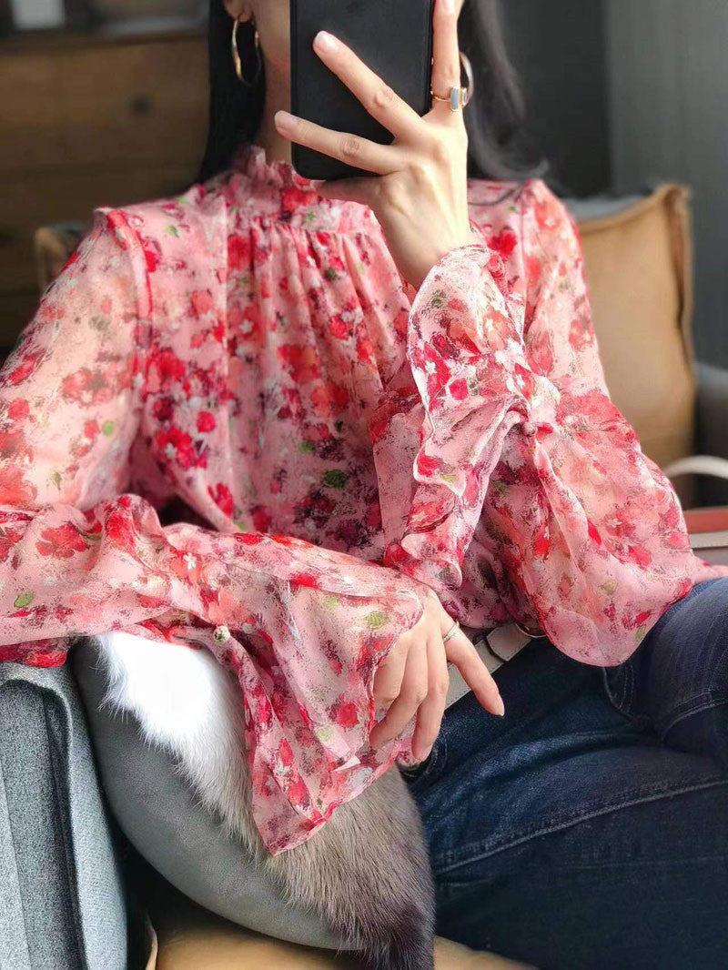 Sweety Stand Collar Floral Print Women Shirts Blouses