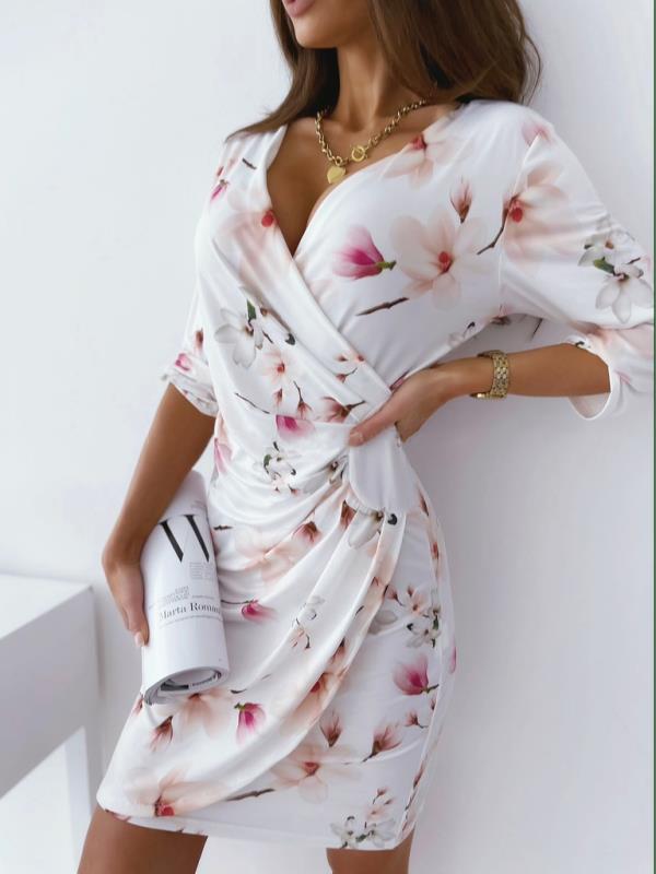 Sexy Floral Print  V Neck Women Short Dresses