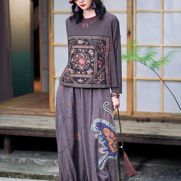 Vintage Urban Linen Embroidery T Shirts & Pants for Women
