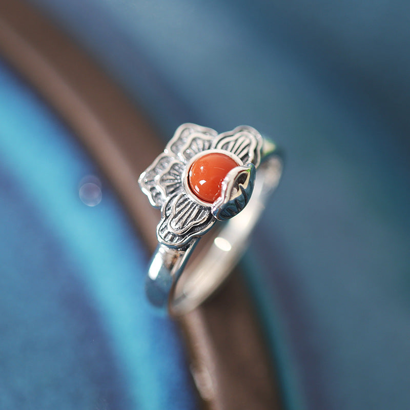 Retro Peony Designed Agate Sterling Silver Rings for Women