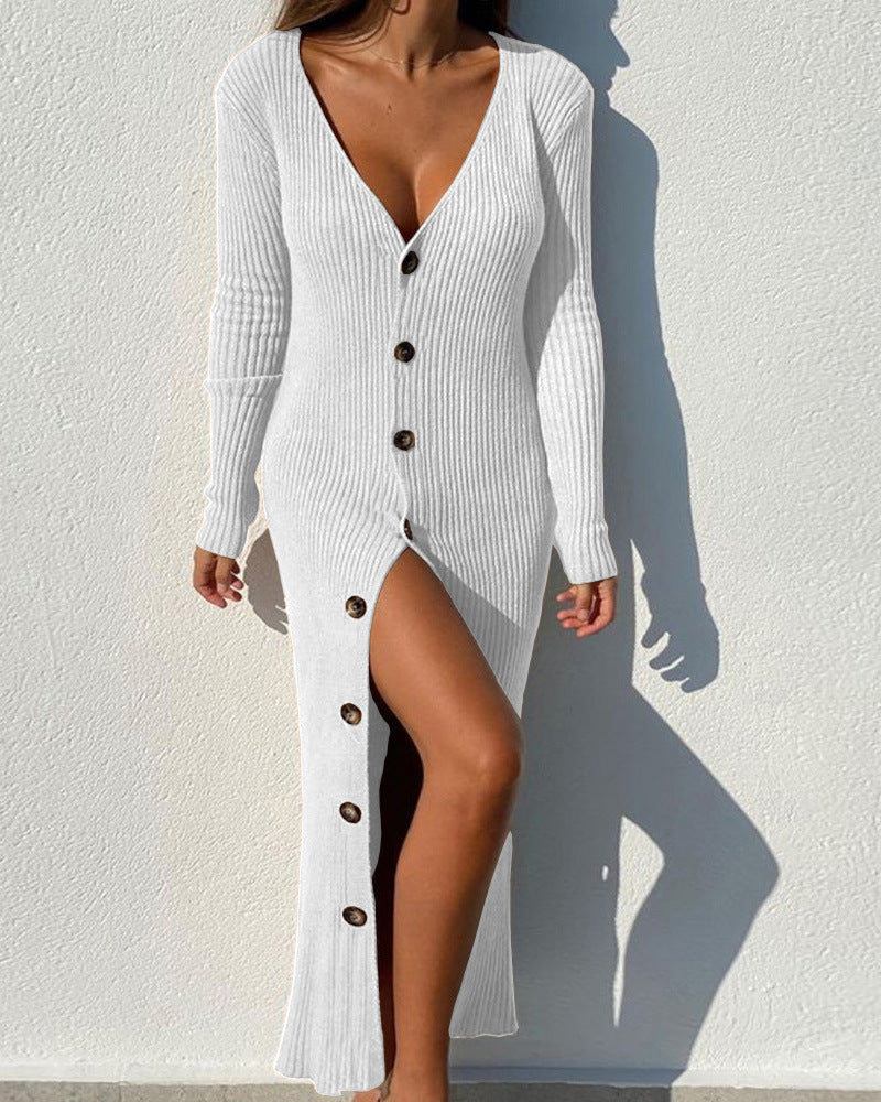 Sexy Long Sleeves Button Knitted Dresses
