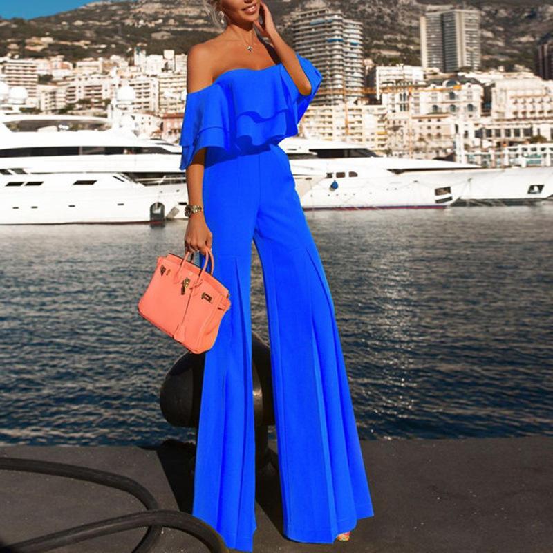 Women Off The Shoulder Strapless Blue Jumpsuits-STYLEGOING