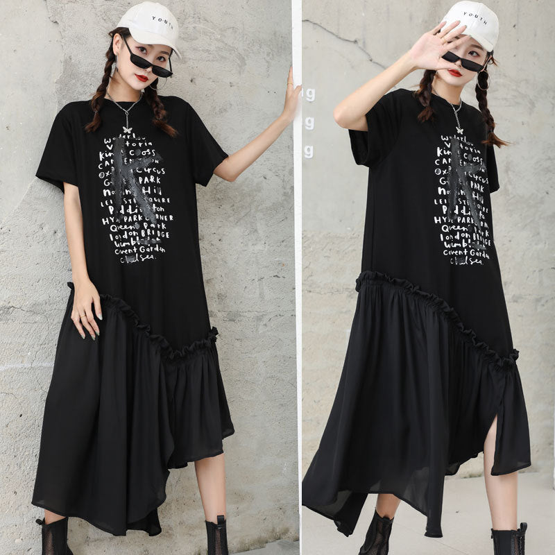 Black Chiffon Irregular Plus Sizes Short Sleeves Dresses