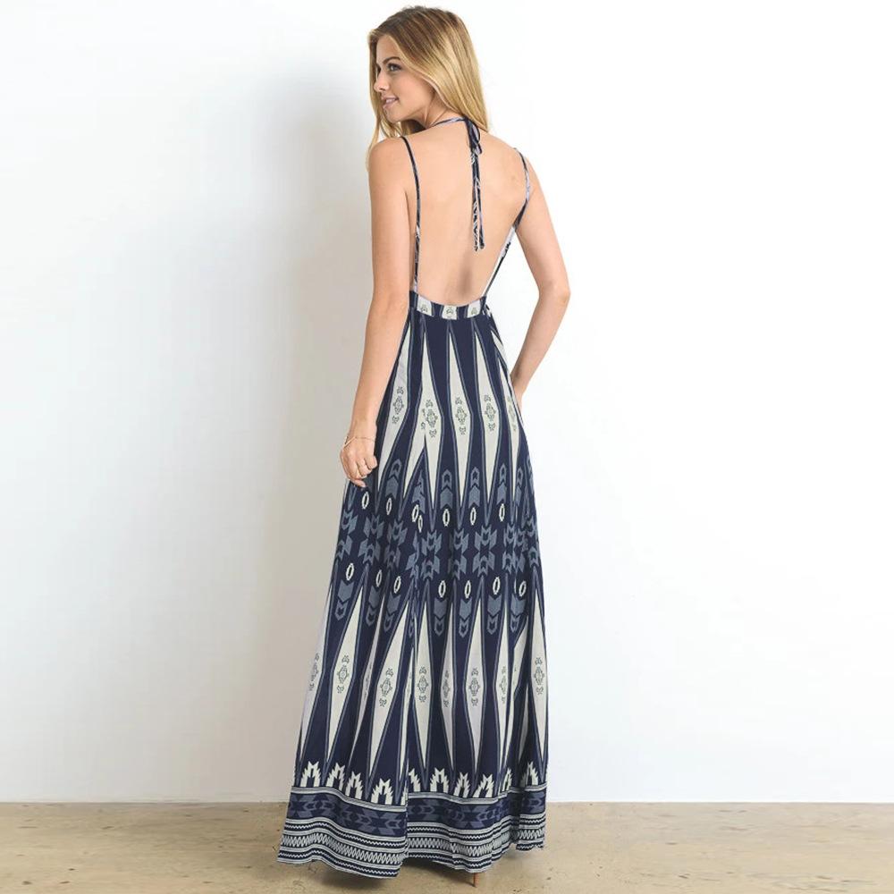 Summer Women V Neck Backless Long Maxi Dresses-STYLEGOING