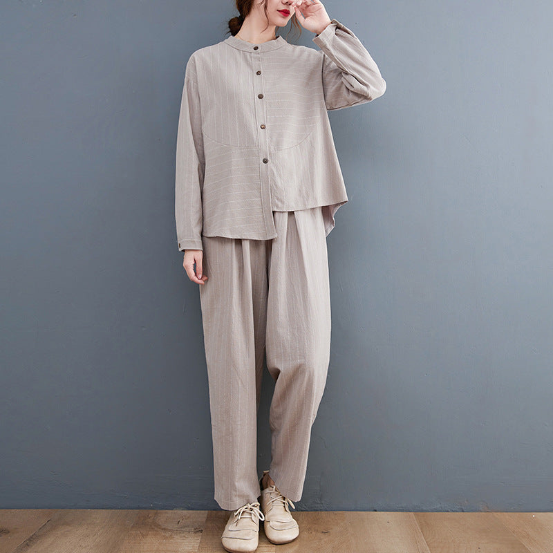 Vintage Striped Linen Plus Sizes Two Pieces Suits