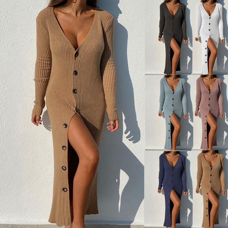 Sexy Long Sleeves Button Knitted Dresses