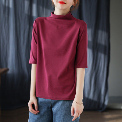 Vintage Half Sleeves Women High Neck T Shirts