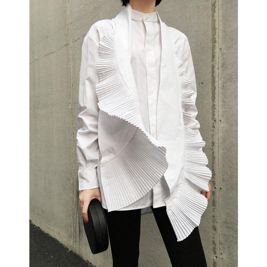 Women Stand Collar Pleat Designed Shirts-STYLEGOING