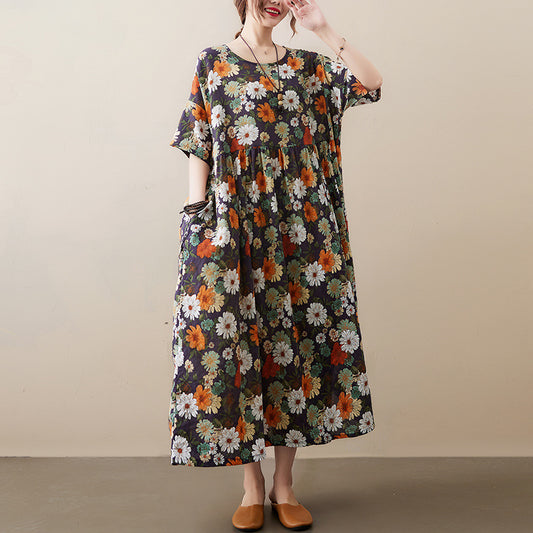 Vintage Flowers Design Summer Short Sleeves Long Cozy Dresses