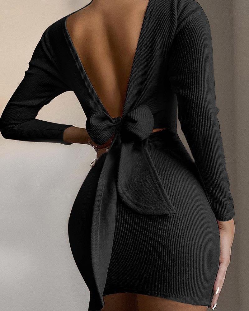 Sexy Bowknot Backless Knitting Mini Dresses-Black-S-Free Shipping at meselling99