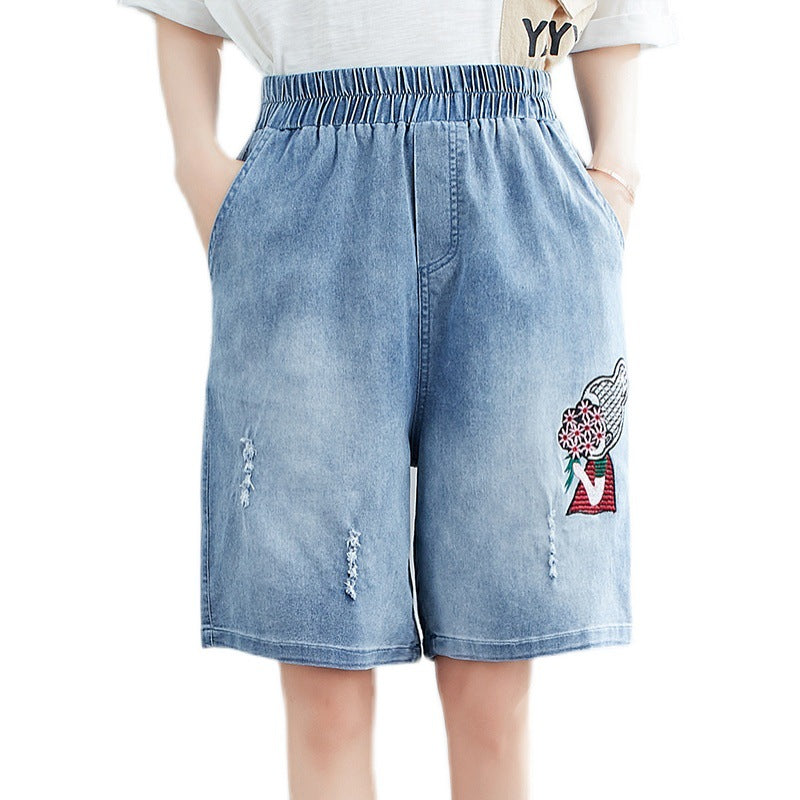 Summer Embroidery Five Cents Denim Trousers for Women