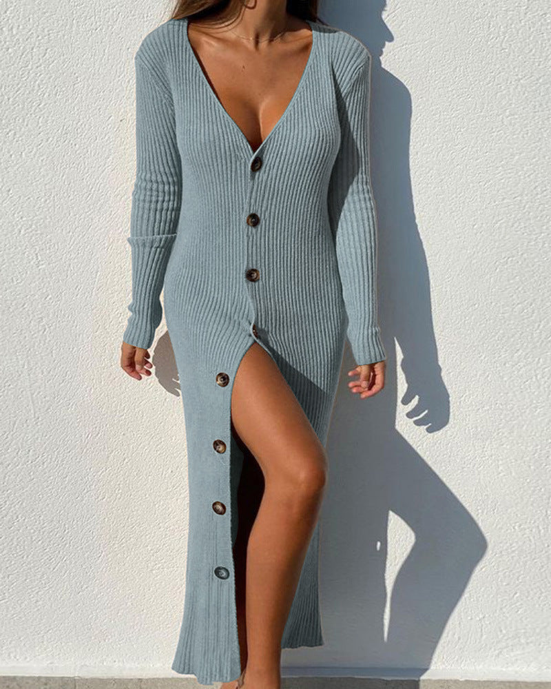 Sexy Long Sleeves Button Knitted Dresses