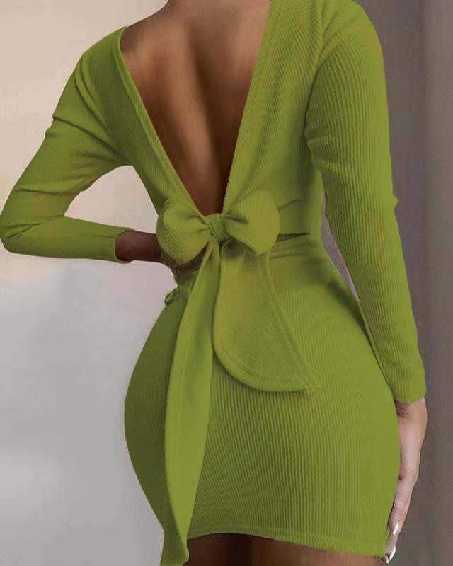 Sexy Bowknot Backless Knitting Mini Dresses-Green-S-Free Shipping at meselling99