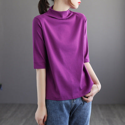 Vintage Half Sleeves Women High Neck T Shirts