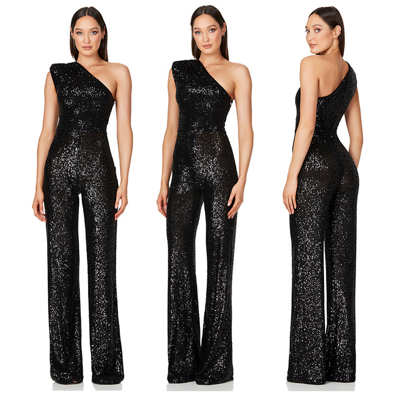 Sexy One Shoulder Sequined Jumpsuits