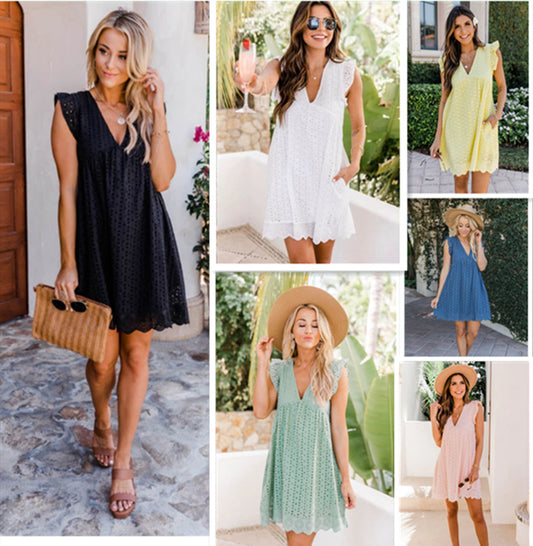 Summer Lace Hollow Out Sleeveless Daily Sun Dresses