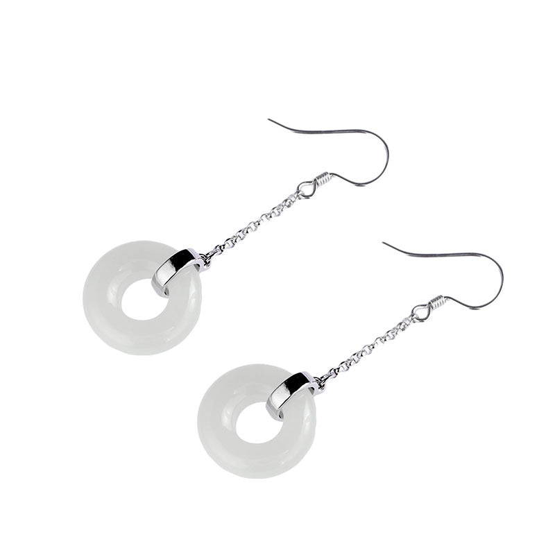 Lovely Nephrite Hook Tassel Silver Earrings for Women