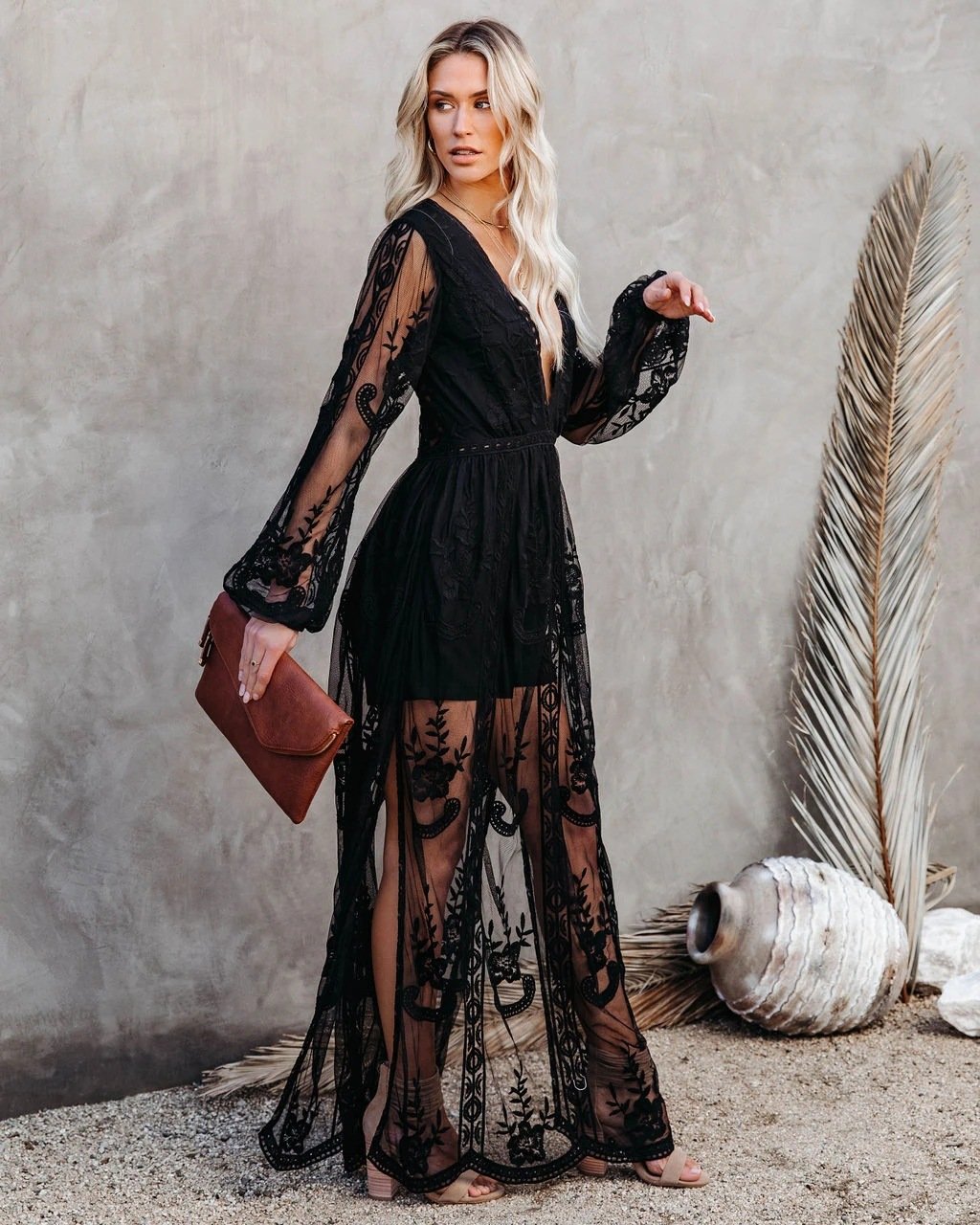 Lace Long Sleeves V Neck Long Dresses-STYLEGOING