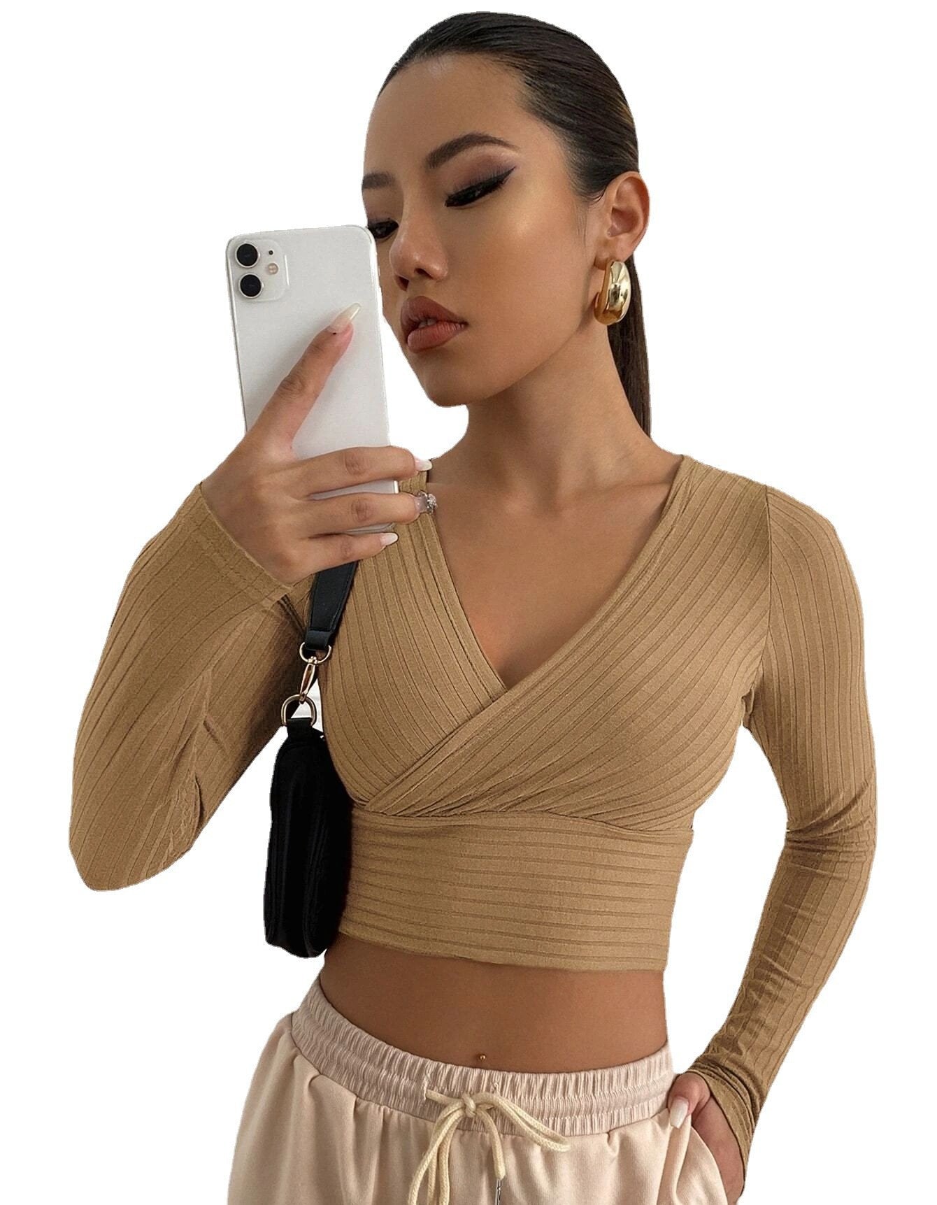 Sexy Deep V Neck Long Sleeves Women Short Tops--Free Shipping at meselling99