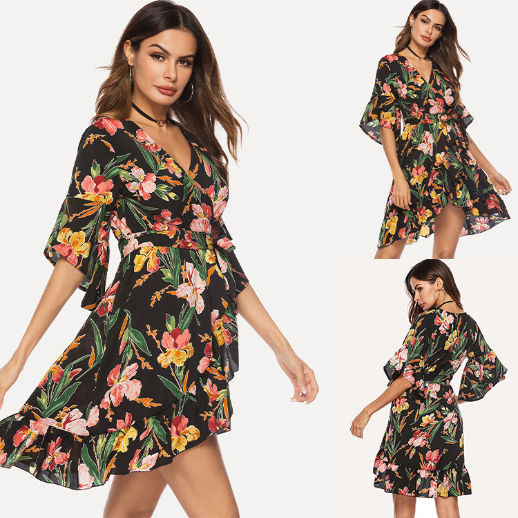 Casual V Neck Floral Print Ruffled Short Daily Dresses