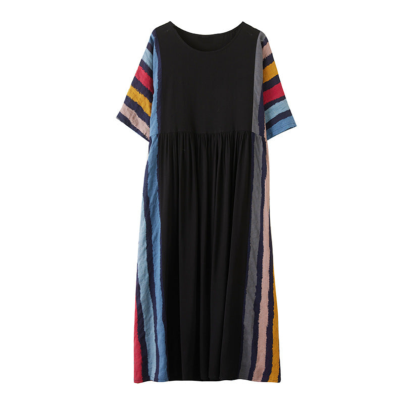 Vintage Striped Short Sleeves Long Cozy Dresses