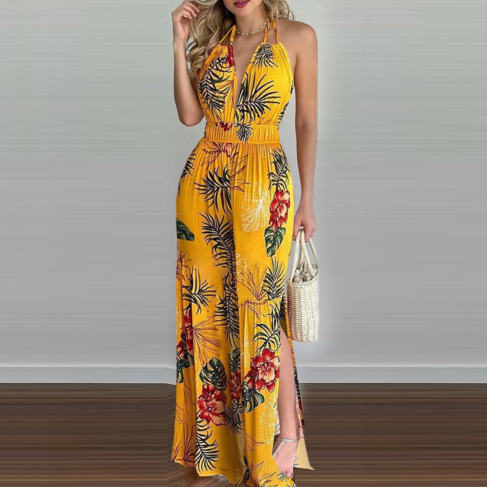 Sexy Floral Print Halter Women Jumpsuits-STYLEGOING