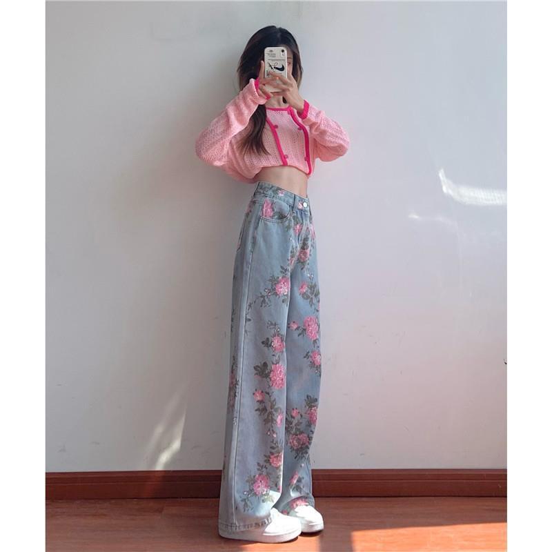 Vintage Rose Designed High Waist Straight Pants for Women