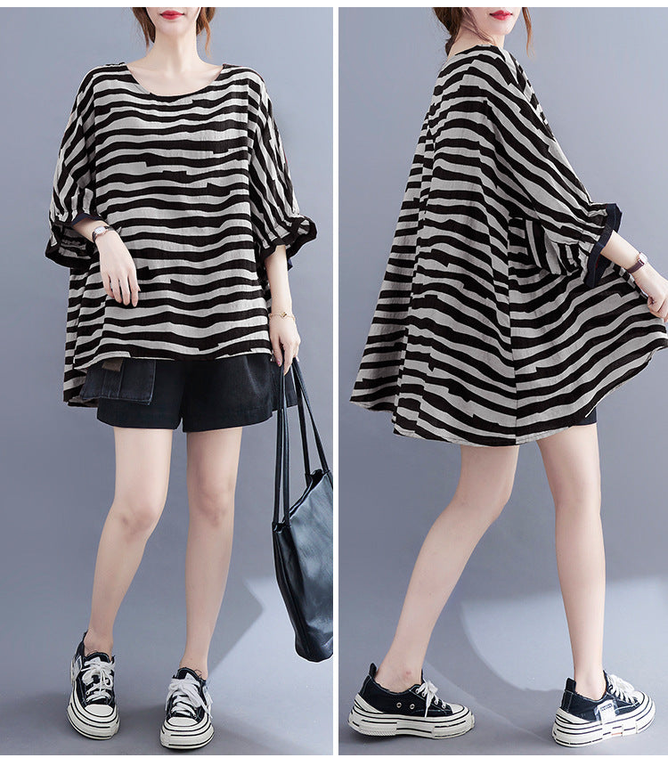 Casual Striped Summer Women Bat T Shirts and Shorts