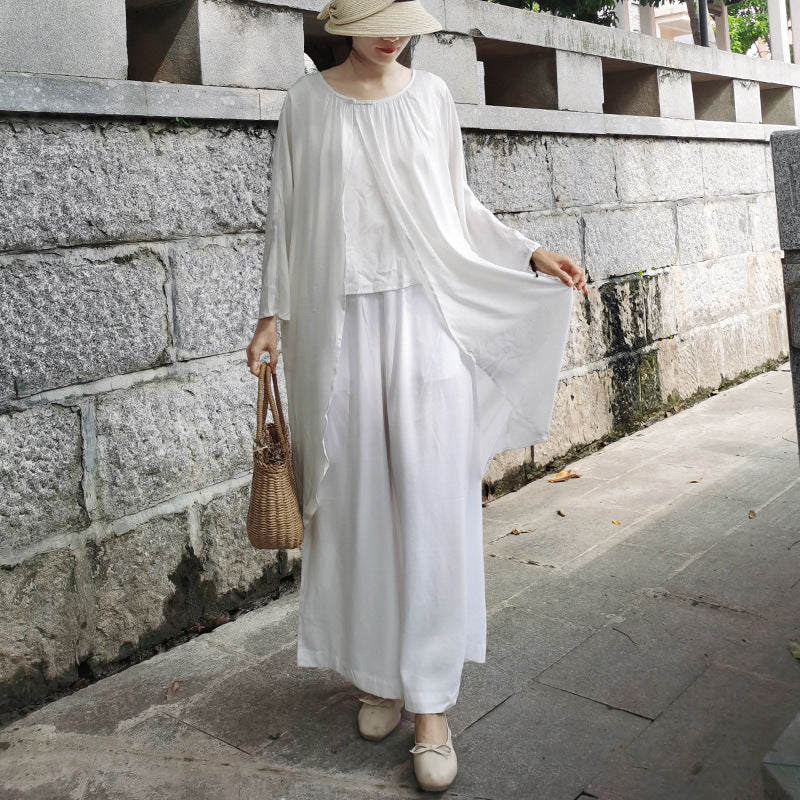 Casual White Long Sleeves Blouses and Linen Pants