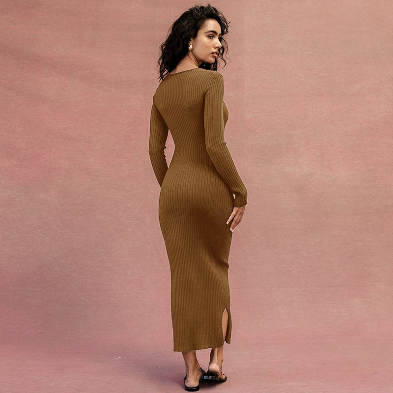 Sexy Square Neckline Long Sleeves Knitting Long Dresses