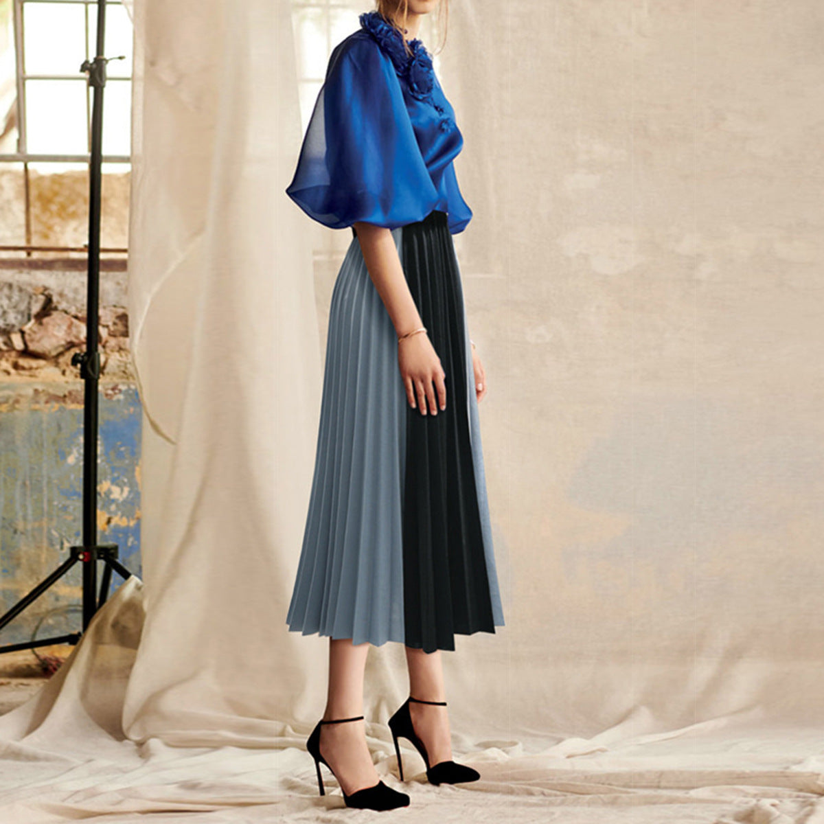 Women Contrast Color Women Pleated Skirts