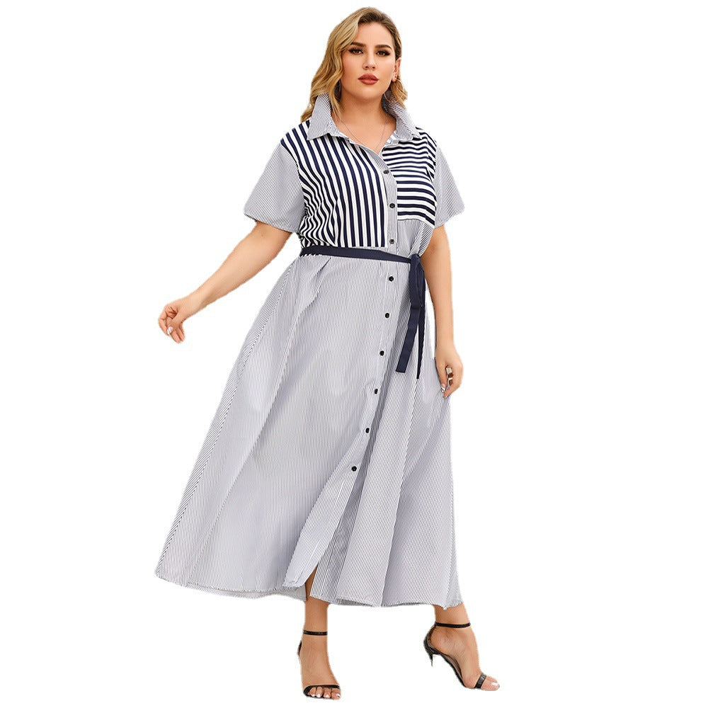 Summer Striped Short Sleeves Plus Sizes Women Shirts Dresses