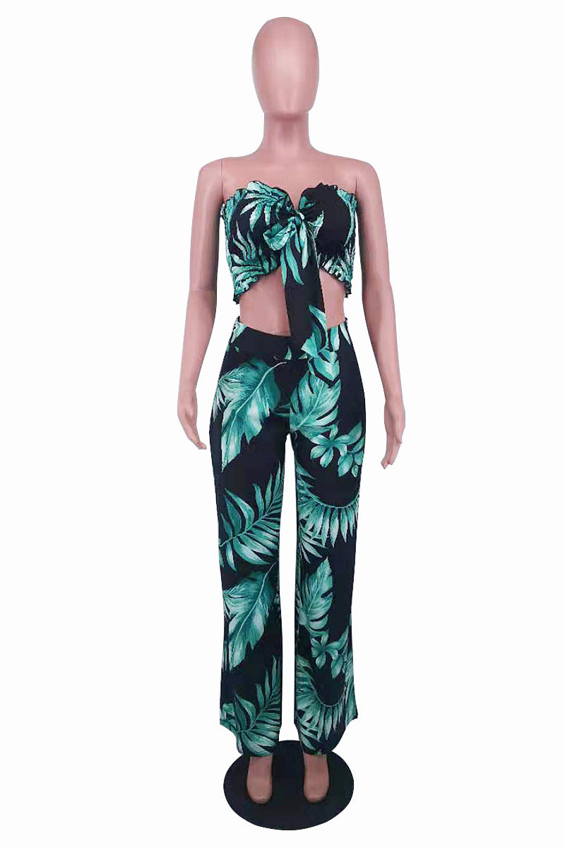 Summer Sexy Leaf Print Two Pieces Suits