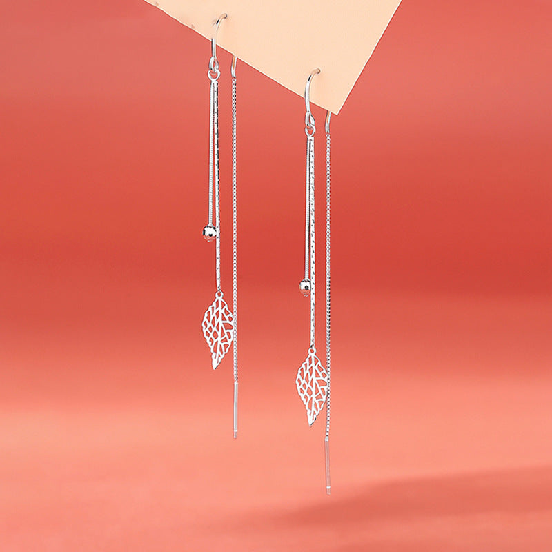 Leaf Design Sterling Sliver Long Tassel Earrings for Women