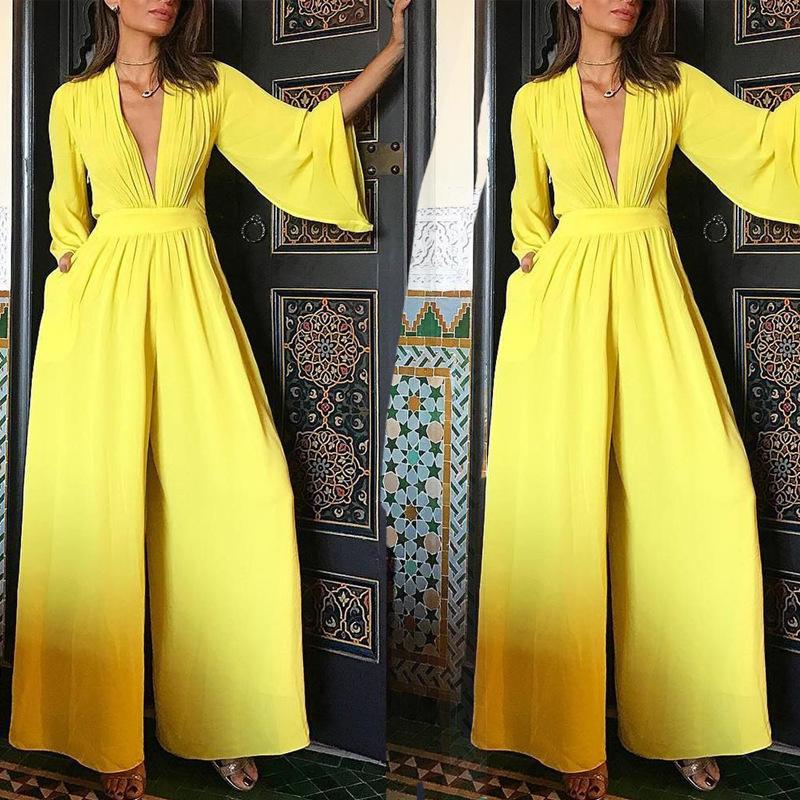 Yellow Long Sleeves V Neck Jumpsuits-STYLEGOING